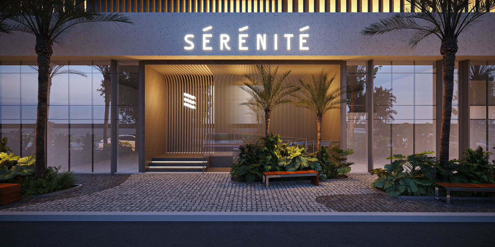 Entrada do hall Sérénité, com marcenaria ripada em madeira e paisagismo tropical